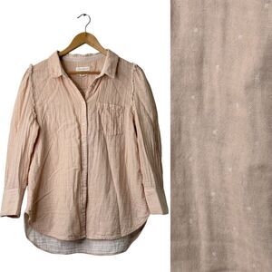 Treasure & Bond Womens Button Up Shirt Top Sz L Gauzy Crinkle Puff Sleeve Beachy